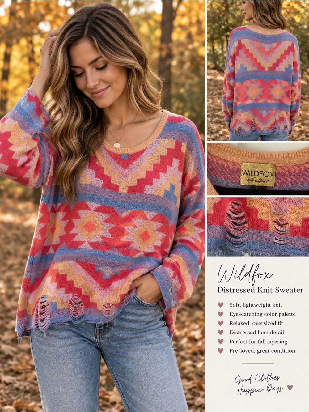 Wildfox frayed knit sweater, trendy southwestern print, Scoop neck, size Large